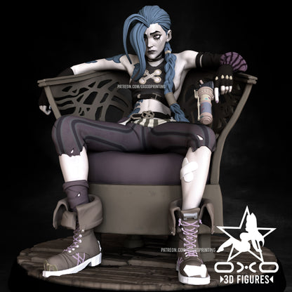 A full view of the Jinx collector's figure from Arcane, seated on a throne, showcasing her iconic outfit and accessories in 1:12 scale