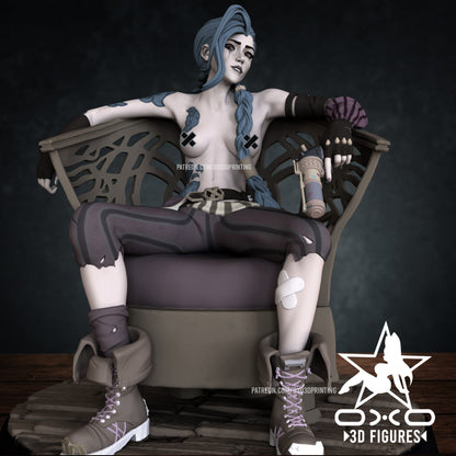 NSFW A full view of the Jinx collector's figure from Arcane, seated on a throne, showcasing her iconic outfit and accessories in 1:12 scale