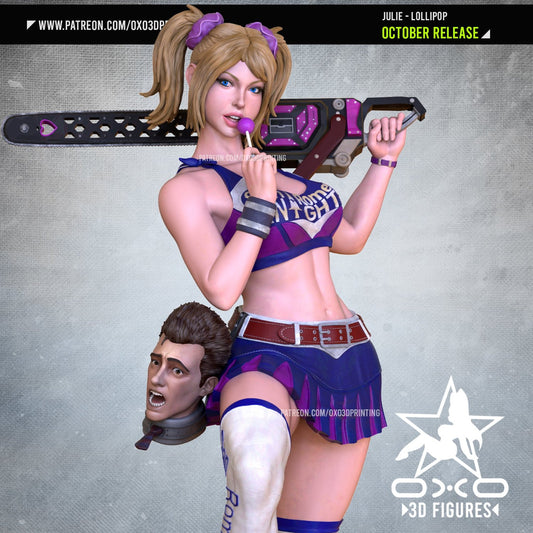 Close-up of Julie - Lollipop Chainsaw figurine holding a chainsaw, lollipop in hand.