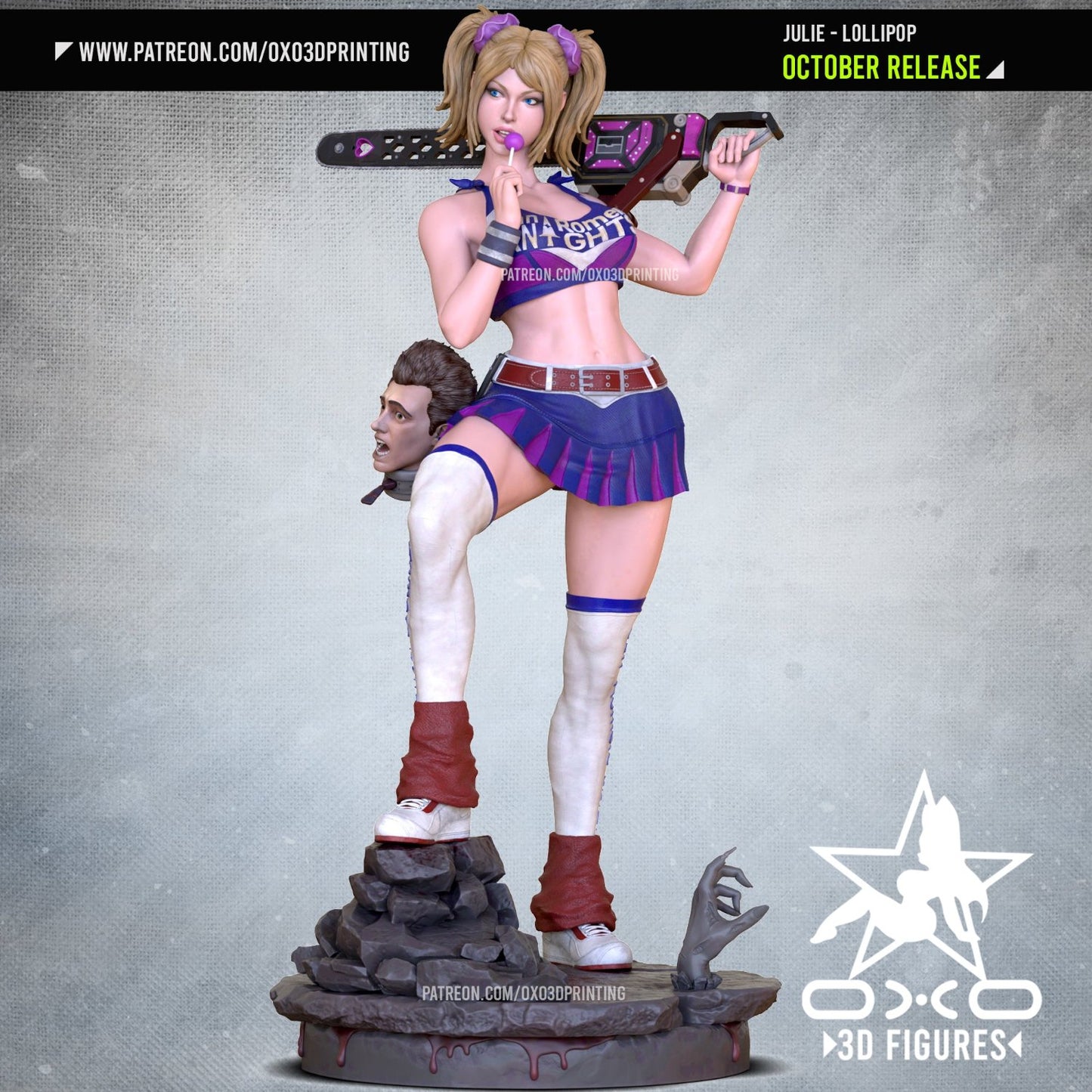 Full view of Julie - Lollipop Chainsaw collectible standing with chainsaw, cheerleader outfit, and playful expression.