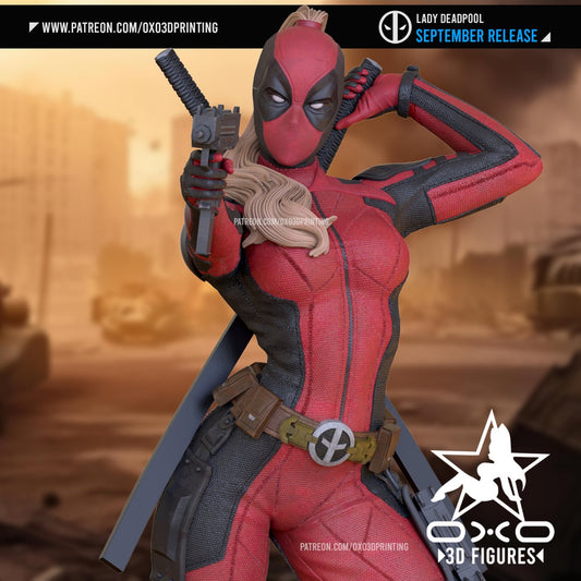 Close-up of Lady Deadpool aiming her gun, showing detail in her red and black costume, utility belt, and blonde hair flowing from under her mask.