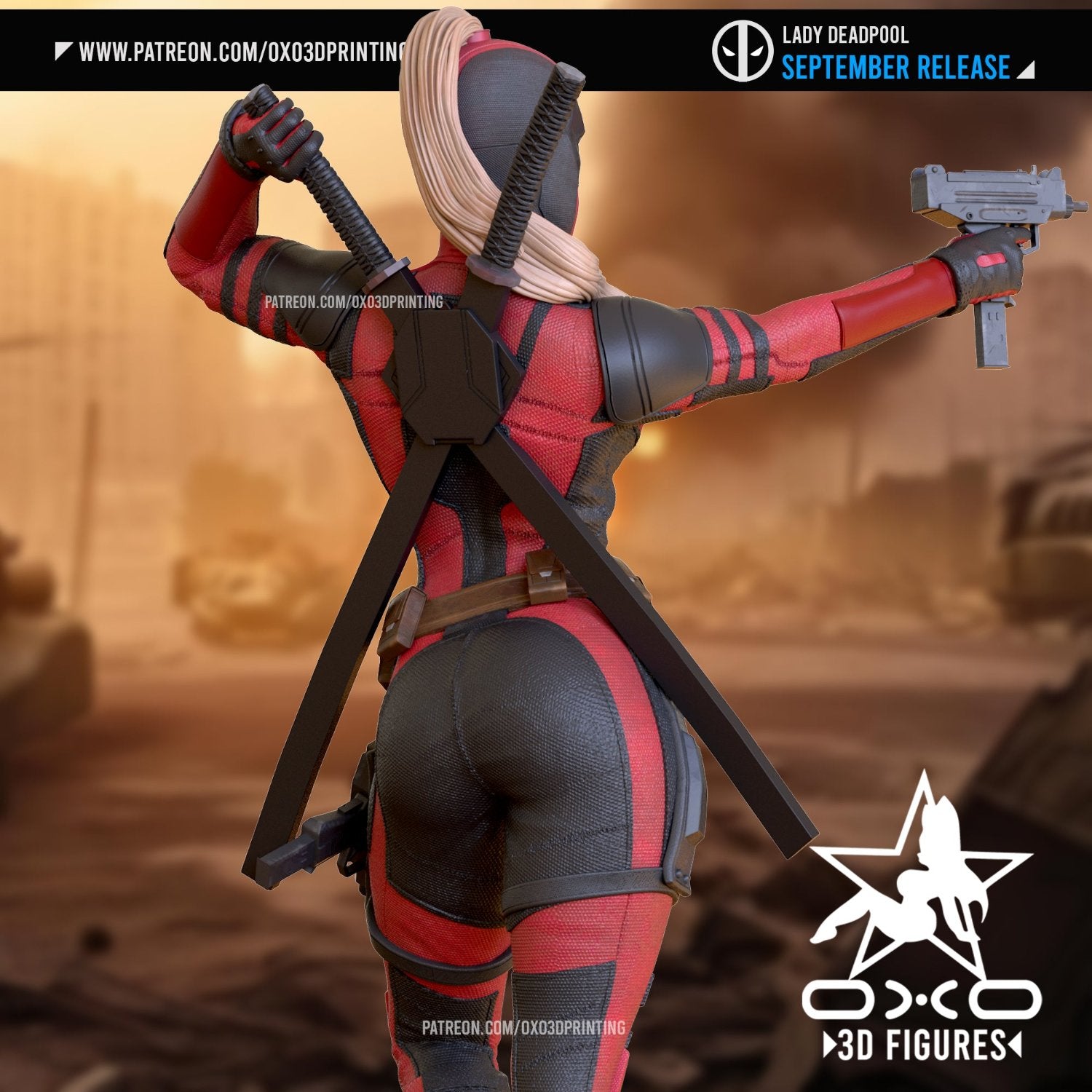 Back view of Lady Deadpool figure, displaying the detail in her costume, dual katanas, and utility belt, with her hand holding a gun outstretched.