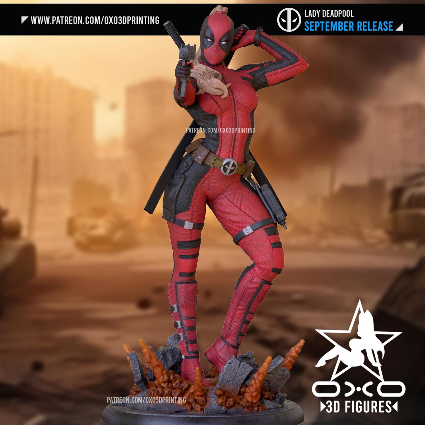 Lady Deadpool figure in a dynamic pose, aiming her gun forward with one hand on her katana, standing confidently in her red and black costume with utility belt and katanas on her back.