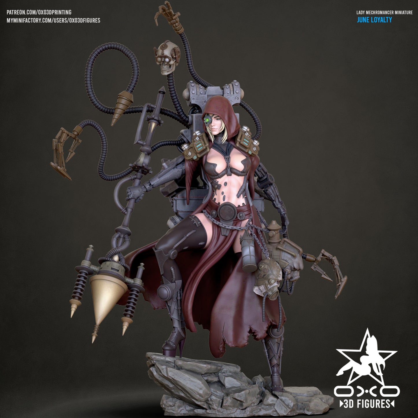 Painted full-body figure of Lovemace with red hood, mechanical arms, drills, and tentacle limbs.