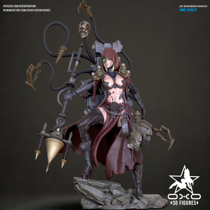 Painted full-body figure of Lovemace with red hood, mechanical arms, drills, and tentacle limbs.