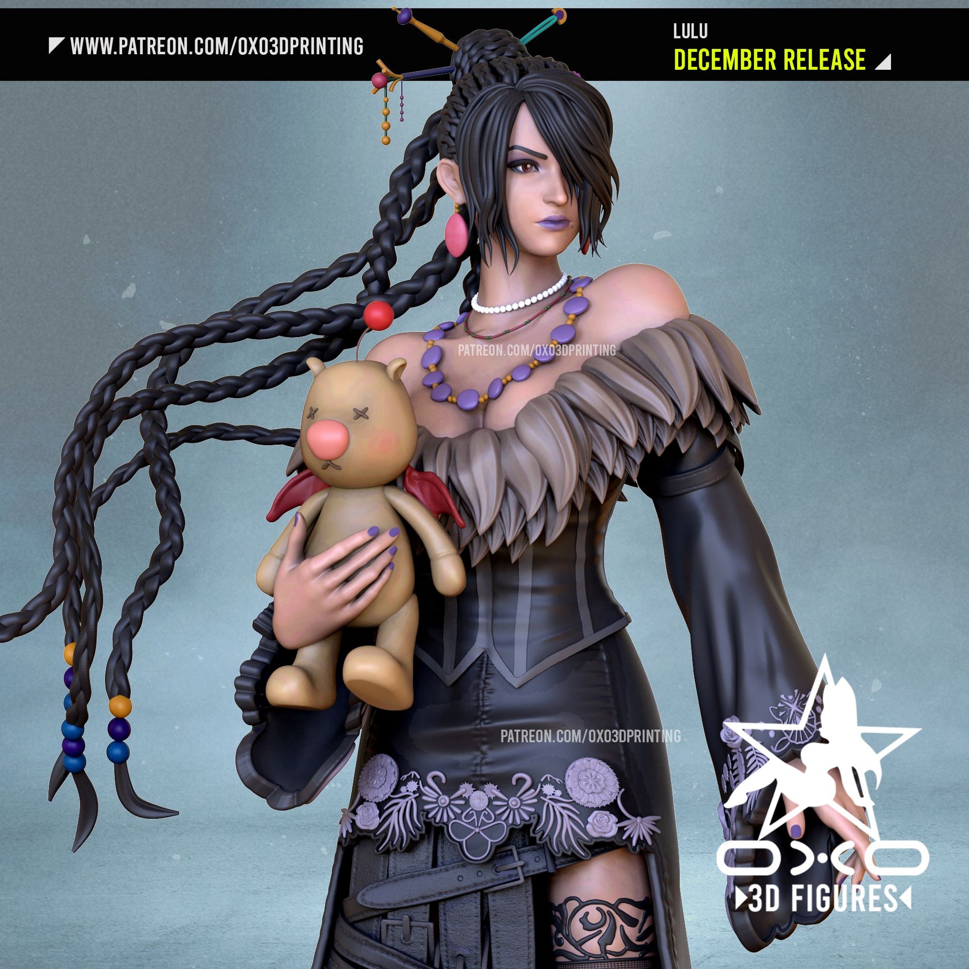 Front view of the Lulu collectible figure from Final Fantasy, featuring her detailed gothic attire, braided hairstyle, and Moogle doll accessory.