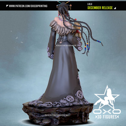 Back view of the Lulu collectible figure, showcasing her flowing hairstyle, detailed dress, and base design.