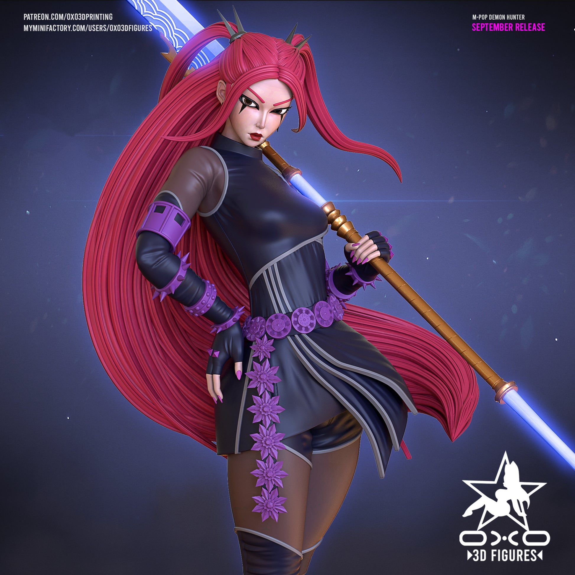 Mira Kpop Demon Hunters collectible statue painted full render with red hair, black outfit, and glowing scythe.
