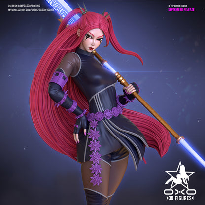 Mira Kpop Demon Hunters collectible statue painted full render with red hair, black outfit, and glowing scythe.