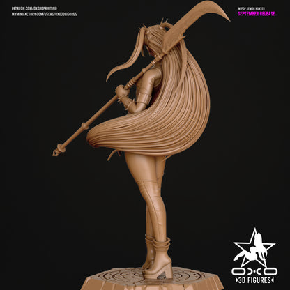 Mira Kpop Demon Hunters 1:10 scale statue unpainted rear angle showing detailed flowing hair sculpt and platform base.