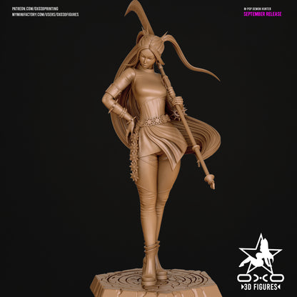 Mira Kpop Demon Hunters 1:10 scale statue unpainted front render showing long flowing hair, spiked belt, and scythe weapon.