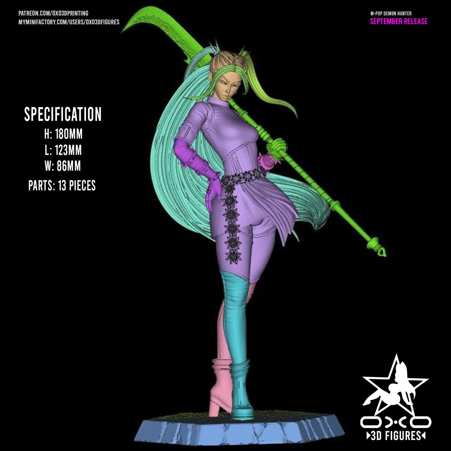 Mira Kpop Demon Hunters 1:10 scale statue color-coded modular preview with specifications and size details listed.