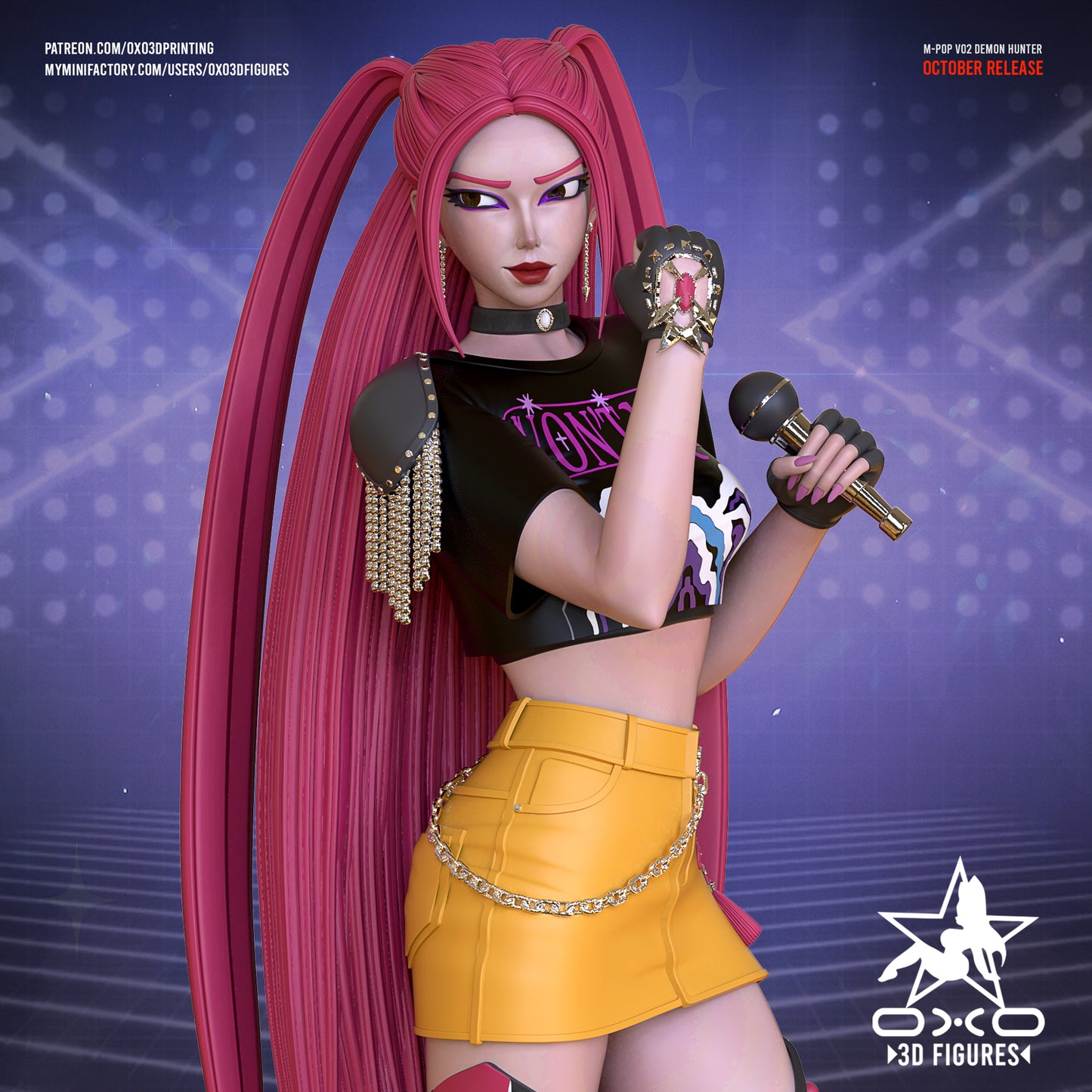Colored render of Mira from K-Pop Demon Hunters with long twin ponytails, crop top, and skirt, holding a microphone while giving a fierce expression.