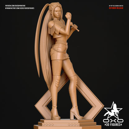 Angled view of Mira’s full figure in her K-Pop Demon Hunters attire, showcasing her confident pose and detailed outfit with long flowing hair.