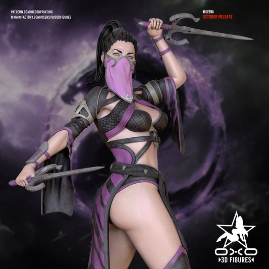 Mileena Mortal Kombat 1:10 scale painted figure close-up holding sai, wearing armored ninja outfit with mask and purple detailing in a combat pose.