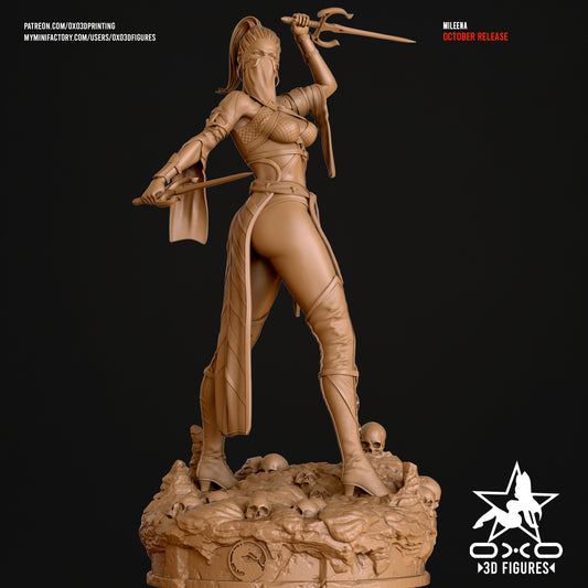 Mileena Mortal Kombat 1:10 scale figure front view standing on skull-covered base, holding twin sai, wearing ninja armor with masked face and dynamic combat stance.