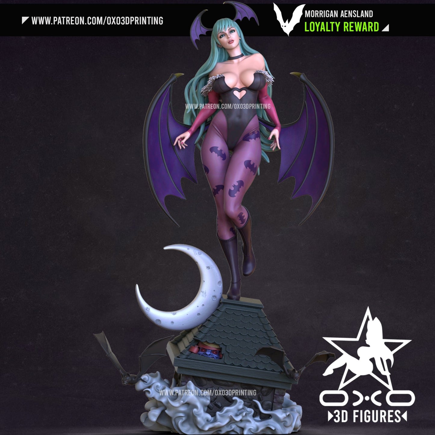 3D printed figure of Morrigan Aensland with bat wings, standing on a base shaped like a rooftop with a crescent moon.