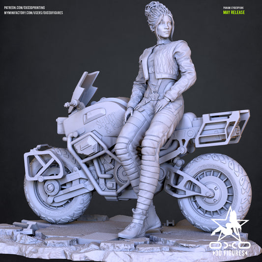Sculpted figure of Panam Palmer seated on a futuristic motorcycle, posed casually with one foot down, wearing textured riding gear and layered clothing.