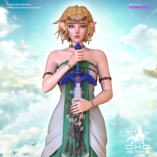 Zelda Tears of the Kingdom figurine holding Master Sword, wearing ornate dress and tiara, standing on stone base, 1:10 scale collectible.