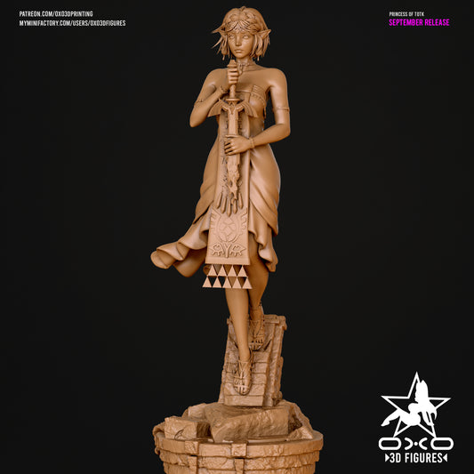 Full figure unpainted render of Zelda collectible figurine holding Master Sword, standing gracefully on raised stone pedestal base.