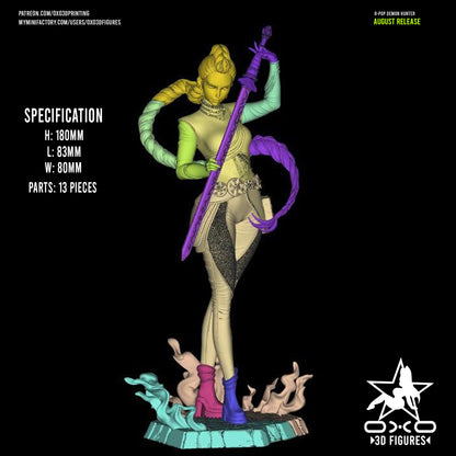 Rumi K-Pop Demon Hunter 3D render breakdown with highlighted parts and specifications.