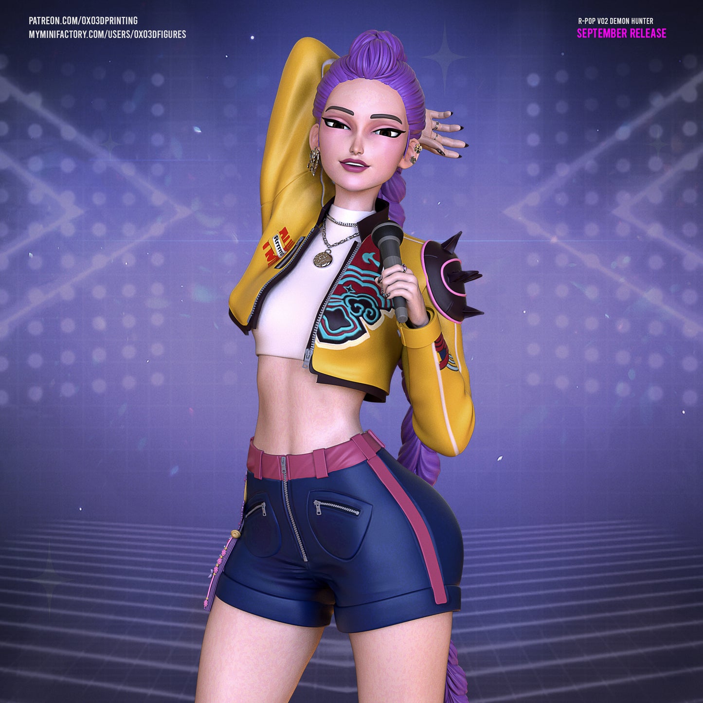 Painted render of Rumi K-Pop Demon Hunter figurine holding microphone, wearing colorful outfit with spiked shoulder detail and long braid.