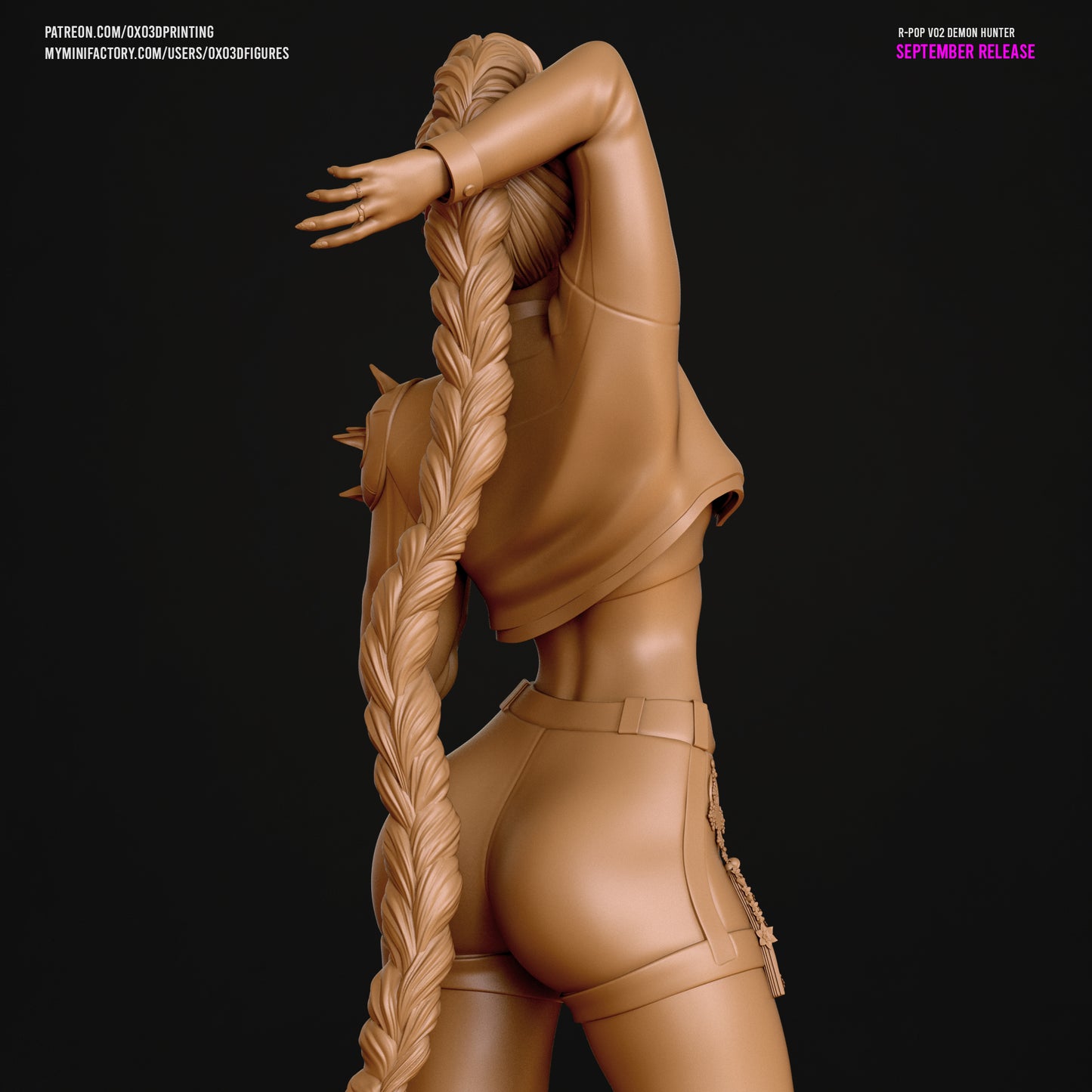 Back view render of Rumi K-Pop Demon Hunter figurine showing detailed braid, shorts, and cropped jacket design.