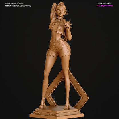 Rumi K-Pop Demon Hunter collectible figurine with long braid, microphone, and cropped jacket, standing on decorative base in 1:10 scale.