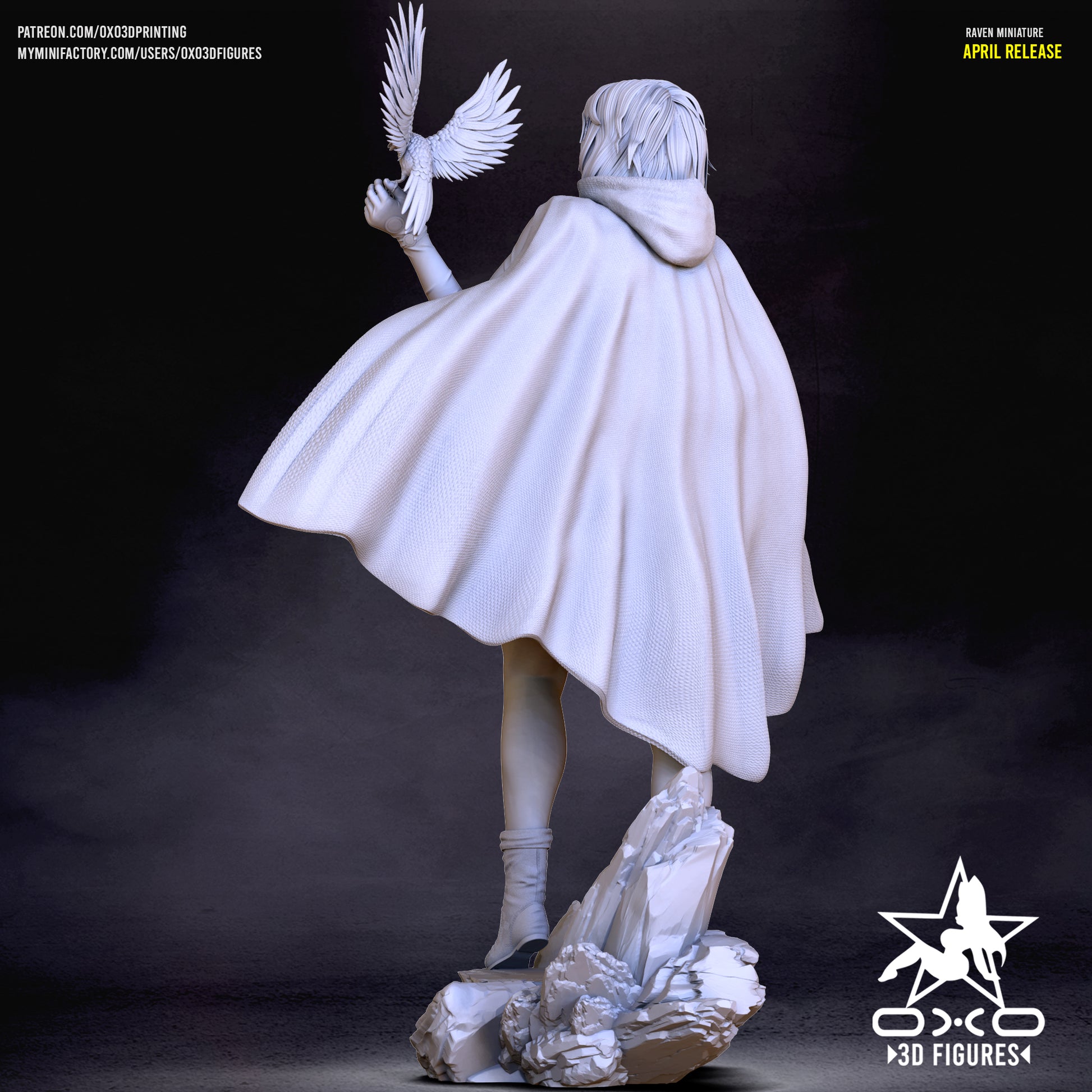 Rear view of the Raven statue showing detailed texture on the back of the cape, her hair visible over the hood, and the raised raven silhouette in flight.