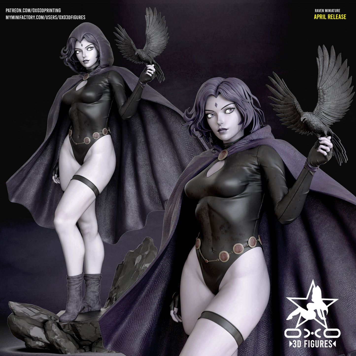Colored render version of Raven figure in black bodysuit and purple cape with detailed facial expression, posed with raised raven and standing on a rocky base.