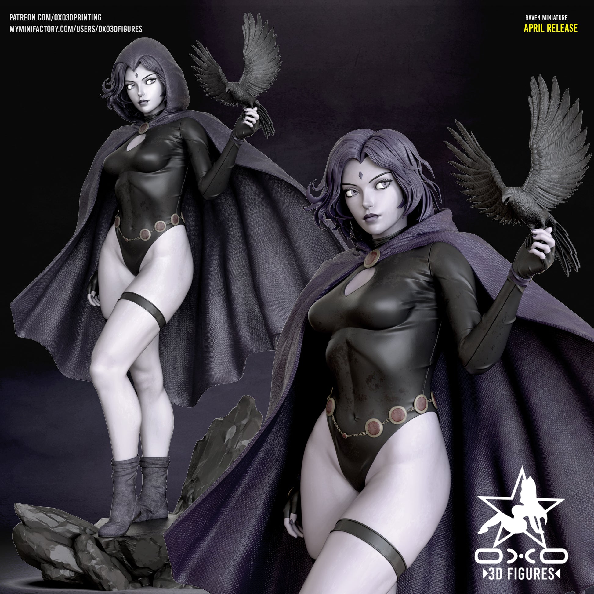 Colored render version of Raven figure in black bodysuit and purple cape with detailed facial expression, posed with raised raven and standing on a rocky base.
