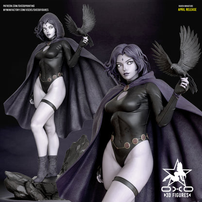 Colored render version of Raven figure in black bodysuit and purple cape with detailed facial expression, posed with raised raven and standing on a rocky base.
