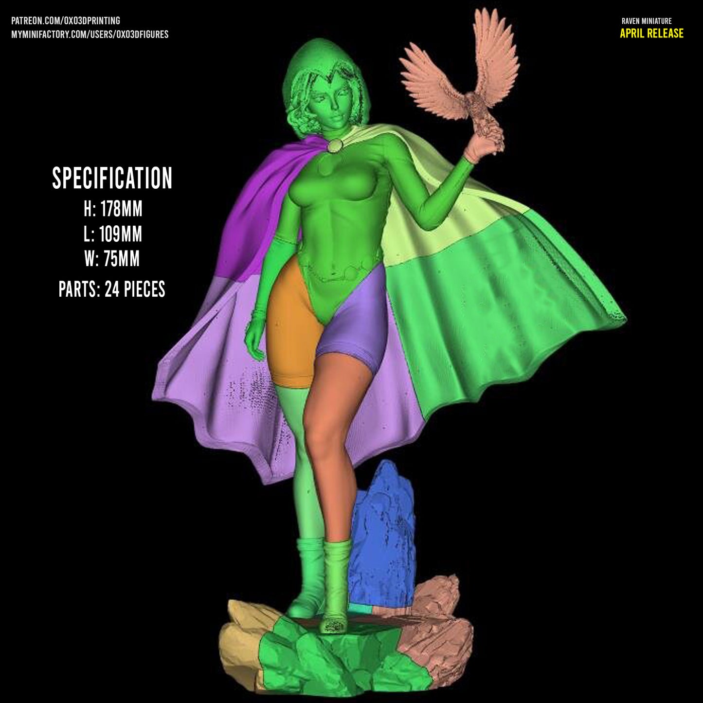 Part diagram of Raven figure showing multicolor breakdown of the 24 parts including body, cape, arms, raven, and base. Listed specs: 178mm height, 109mm length, and 75mm width.