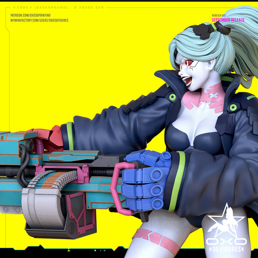 Rebecca Smasher collectible figurine from Cyberpunk: Edgerunners holding a large cyber-enhanced weapon, wearing a cropped jacket and shorts with neon accents.