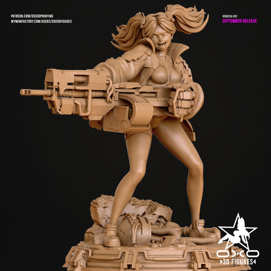 Unpainted front view of Rebecca Smasher figurine from Cyberpunk: Edgerunners, posed in dynamic stance holding heavy weaponry on a cyberpunk terrain base.