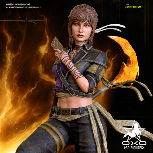 Sciel Expedition 33 colored render close-up holding playing card with curved blade weapon on back, detailed jacket, arm wraps, and waist sashes – fantasy RPG miniature.