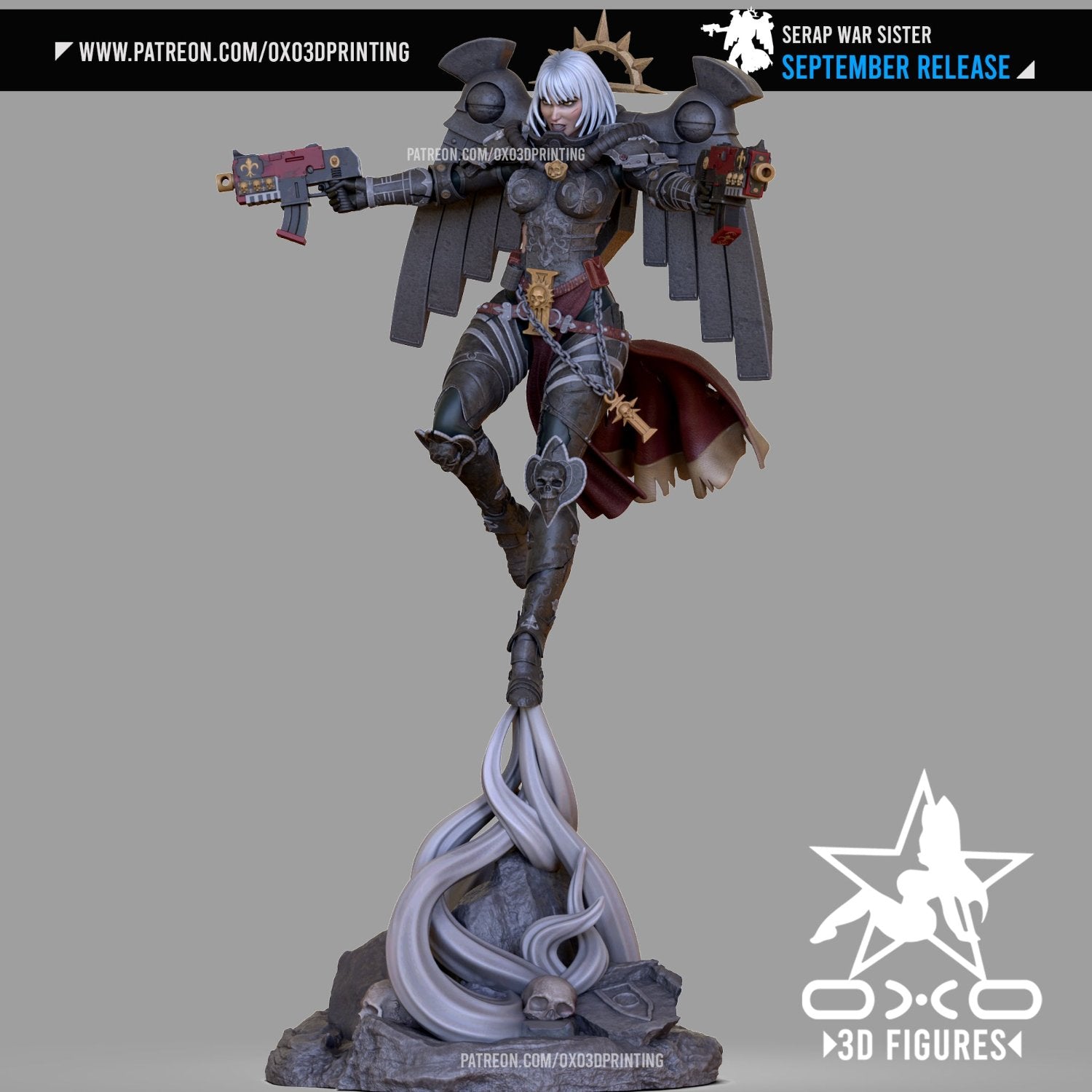 Front view of Serap War Sister figurine with dual pistols and winged backpiece in dynamic pose.