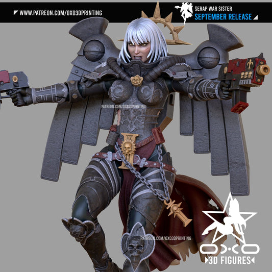 Close-up of Serap War Sister’s detailed armor and fierce expression.