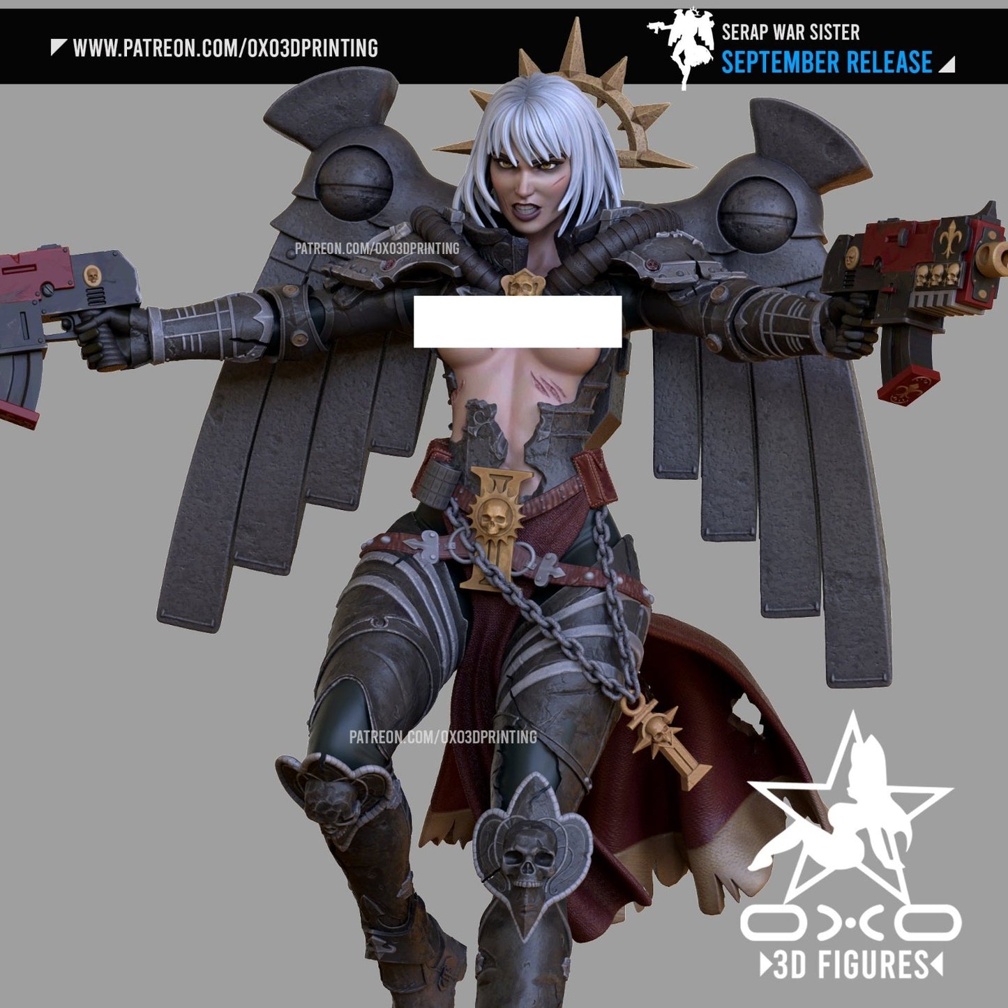 Front view of Serap War Sister collectible in battle-worn armor with exposed scars, wielding dual pistols.