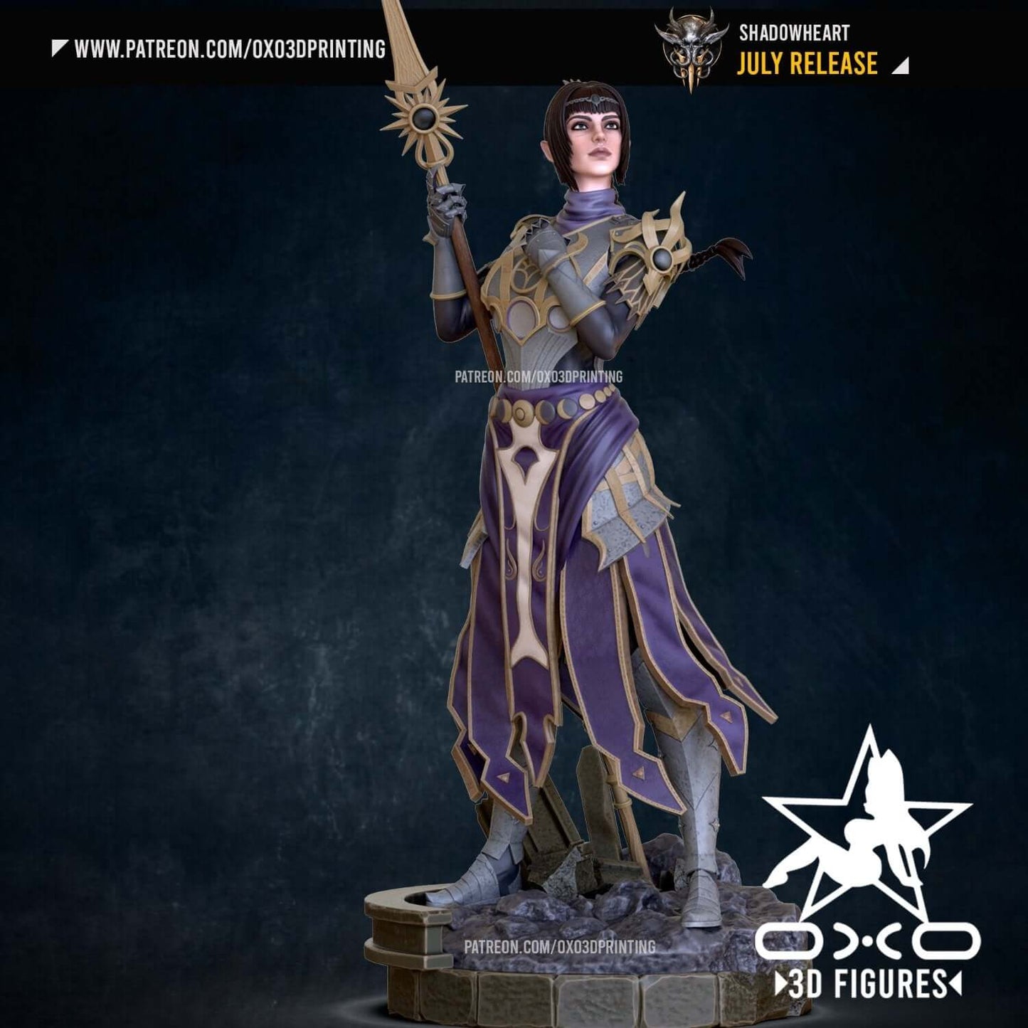 Shadowheart 3D print model from Baldur's Gate 3 in dark armor, featuring intricate details, by OXO3D for D&D enthusiasts