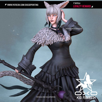 Close-up of Y'shtola Rhul, with her signature Miqo'te ears, intense gaze, and staff that looks like it doubles as a "no nonsense" detector.