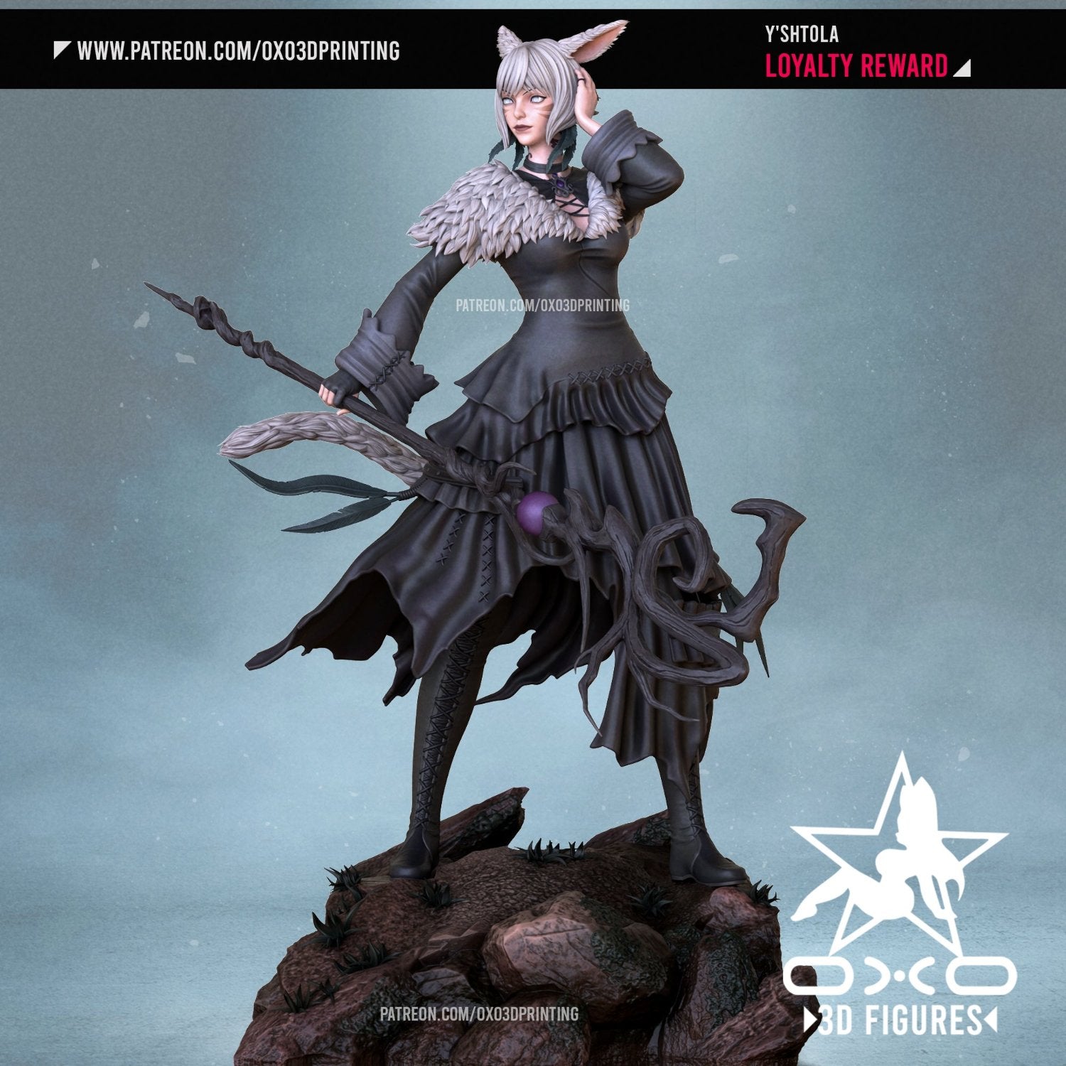 Full-body shot of Y'shtola Rhul, exuding elegance and sass while gripping her intricately detailed staff, standing confidently on her rocky base.