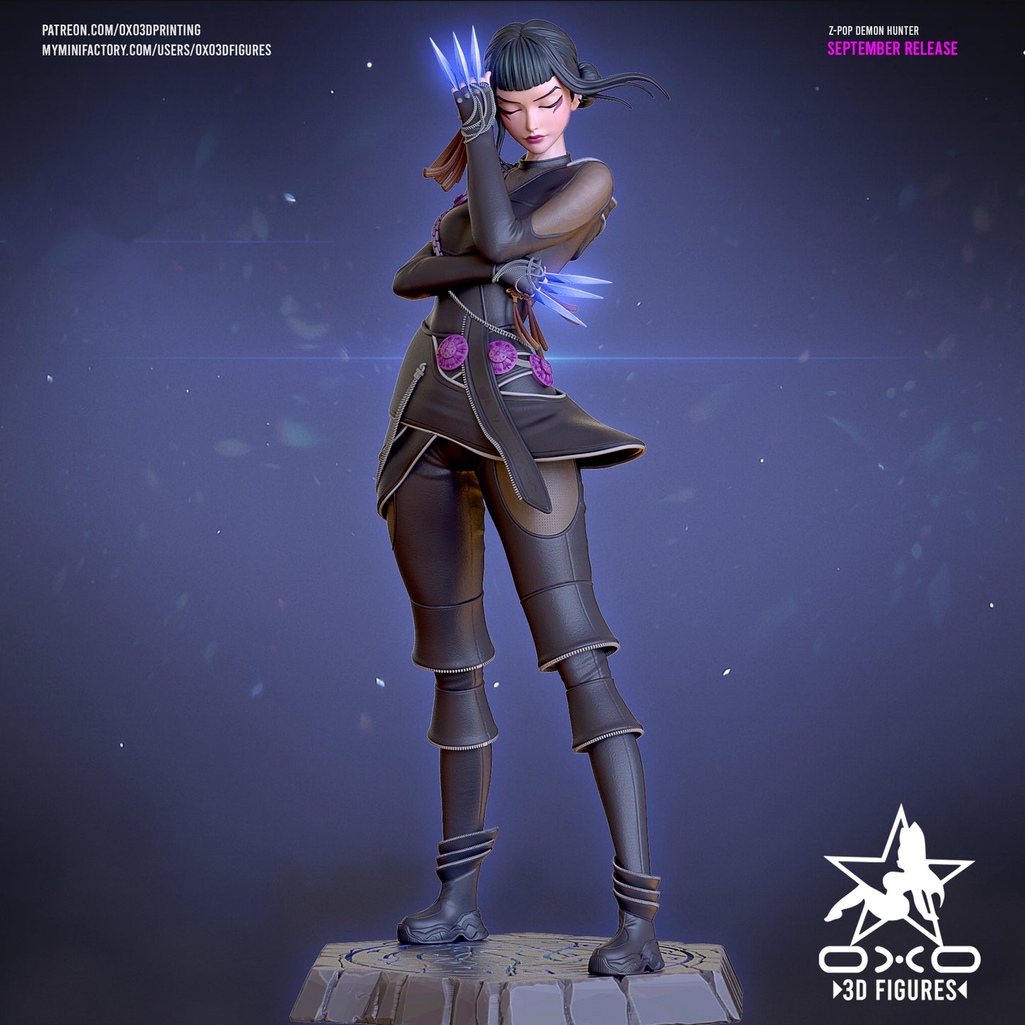 Zoey K-Pop Demon Hunters painted statue full render holding daggers, dressed in dark outfit with purple belt accents.