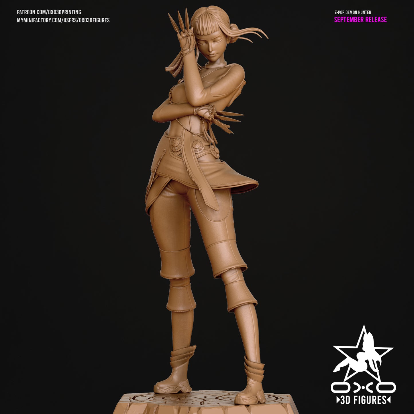 Zoey K-Pop Demon Hunters 1:10 scale statue unpainted front angle with crossed-arm stance, daggers in hand, and confident pose.