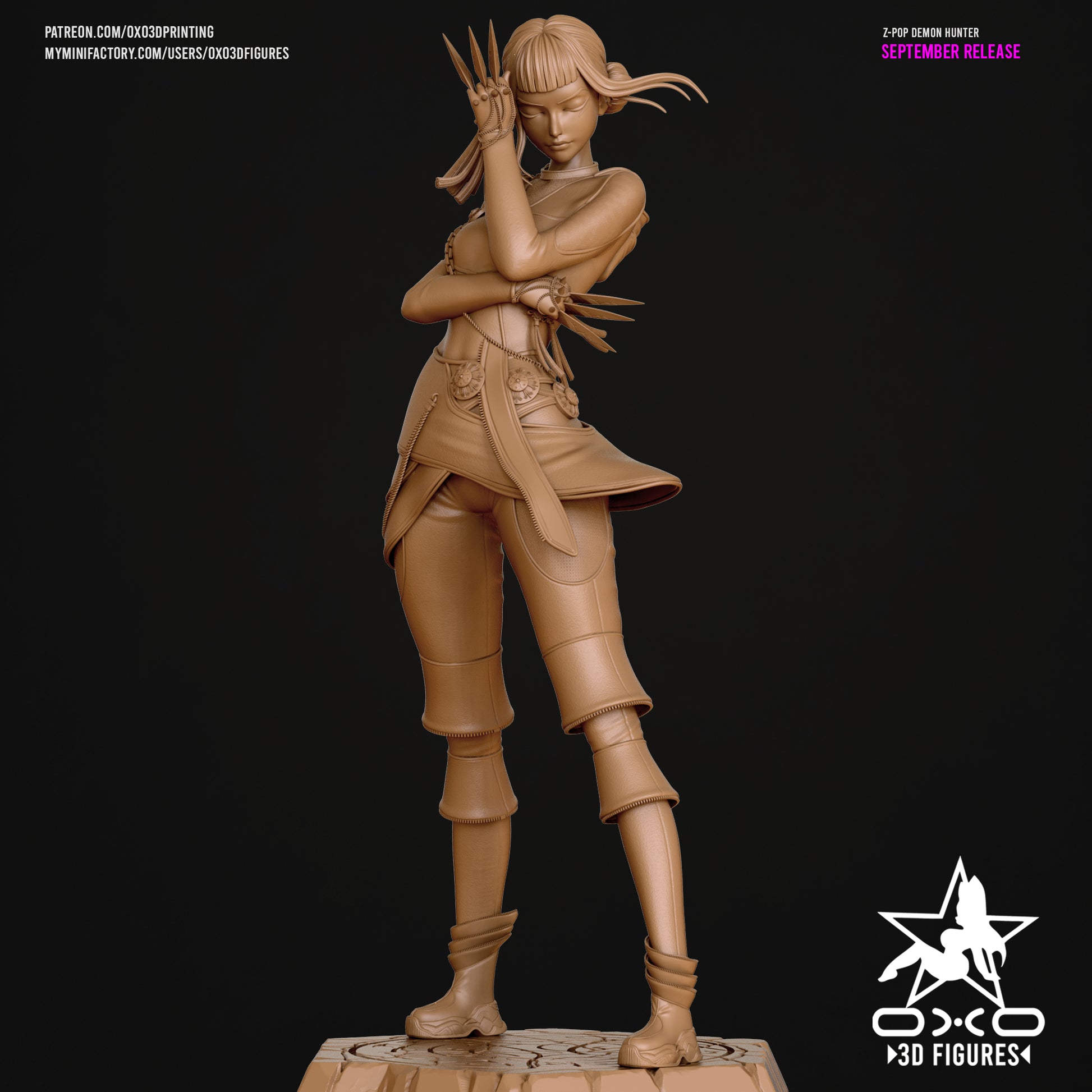 Zoey K-Pop Demon Hunters 1:10 scale statue unpainted front angle with crossed-arm stance, daggers in hand, and confident pose.