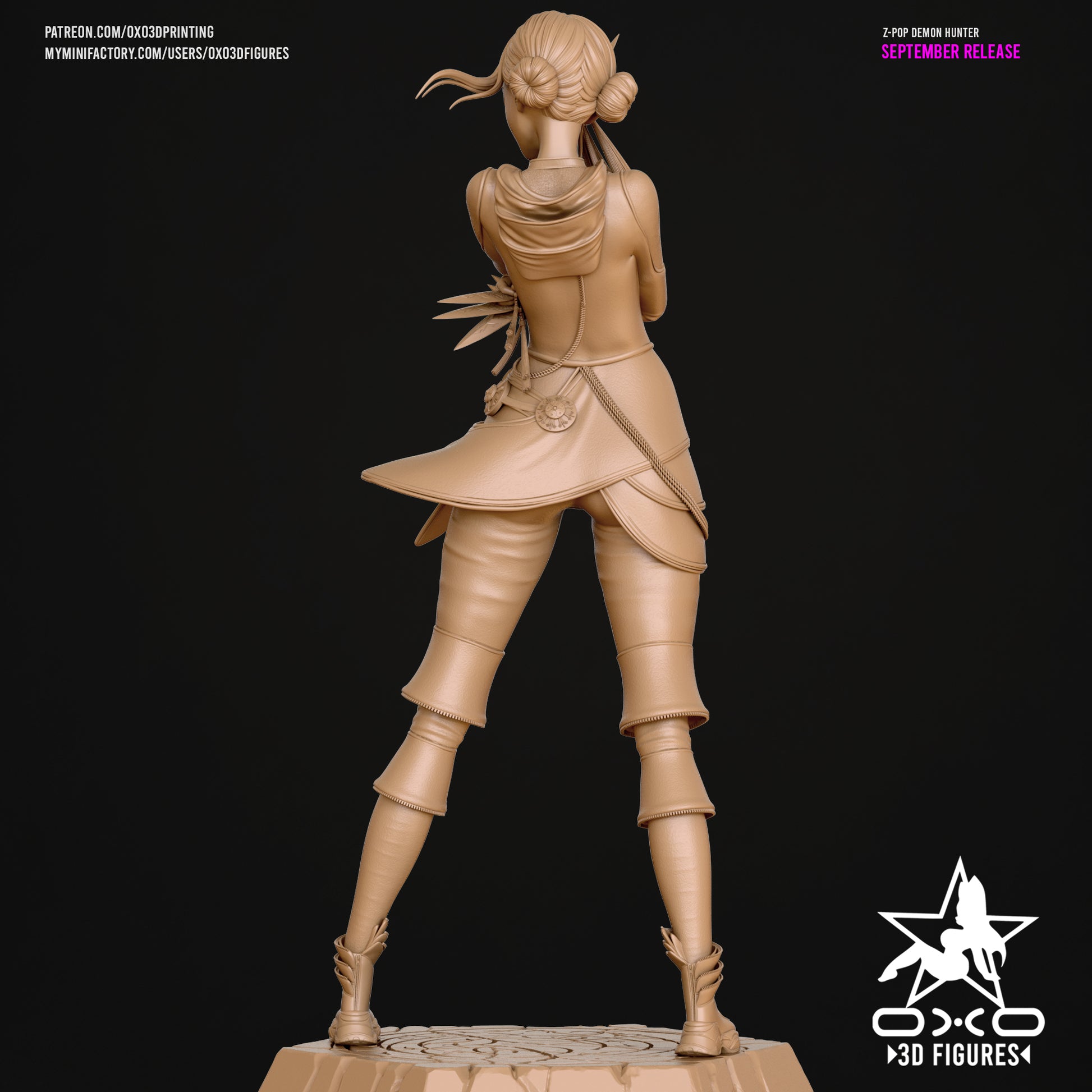Zoey K-Pop Demon Hunters 1:10 scale statue unpainted rear view showing braided buns hairstyle, layered outfit, and dagger details.