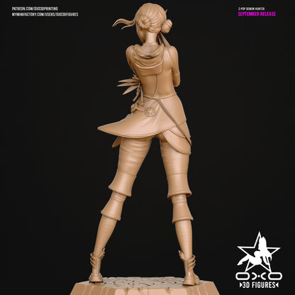 Zoey K-Pop Demon Hunters 1:10 scale statue unpainted rear view showing braided buns hairstyle, layered outfit, and dagger details.