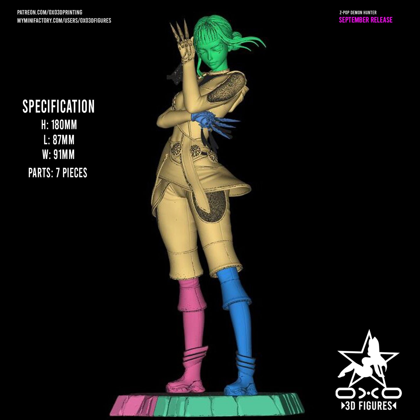 Zoey K-Pop Demon Hunters 1:10 scale statue color-coded modular preview with specifications and seven-piece part breakdown.
