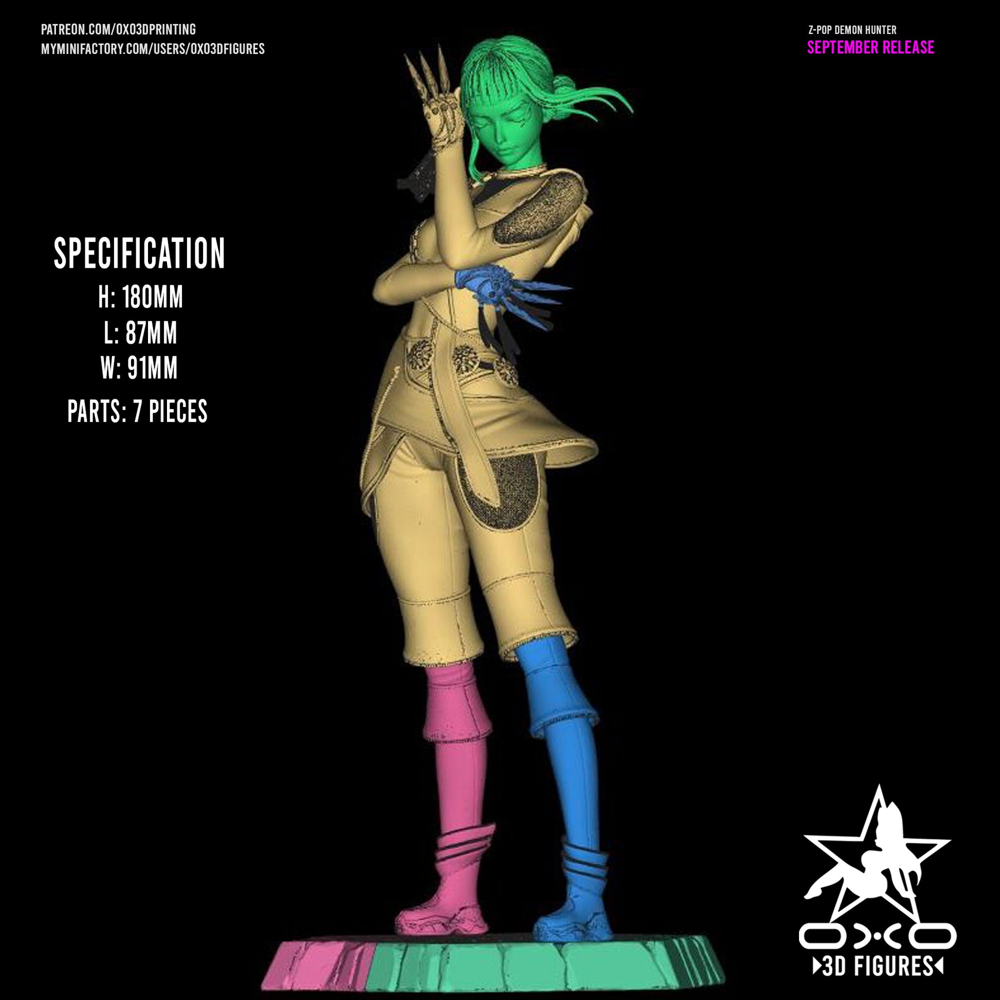 Zoey K-Pop Demon Hunters 1:10 scale statue color-coded modular preview with specifications and seven-piece part breakdown.