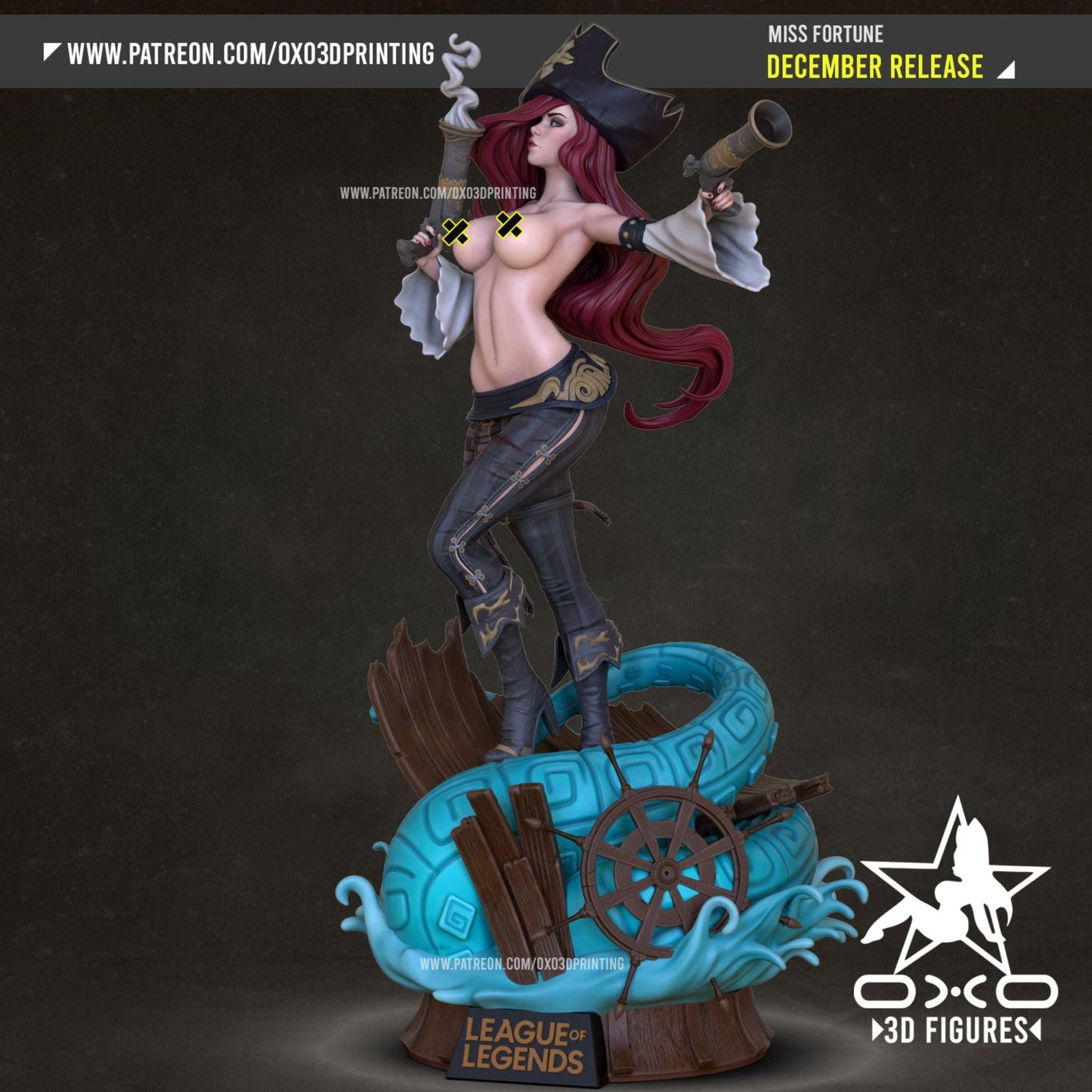 Miss Fortune figurine featuring a dynamic pose with flowing hair, dual pistols, and pirate attire, standing on a shipwreck base.